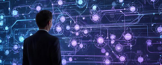 Analista observando un diagrama de agentes autónomos conectados en una pantalla grande