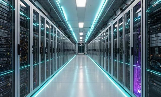 Pasillo de servidores iluminado en un centro de datos europeo