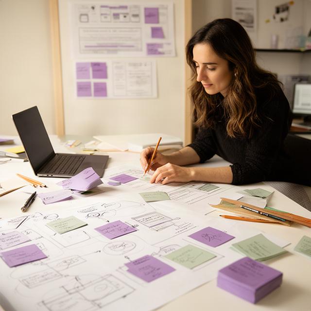 Directora de producto planificando una interfaz editorial en una mesa de trabajo