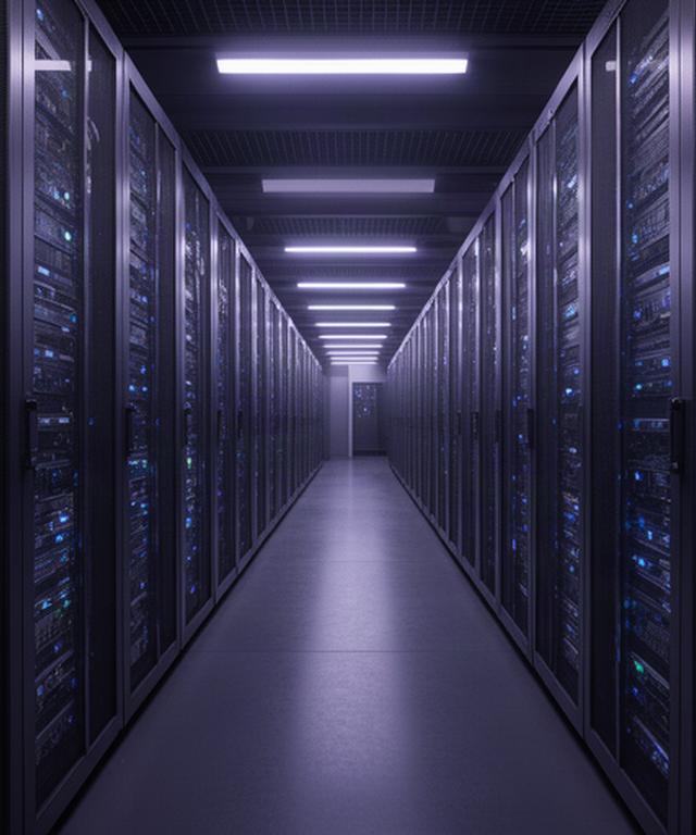 Pasillo de un centro de datos en España con filas de servidores y luces de estado azules